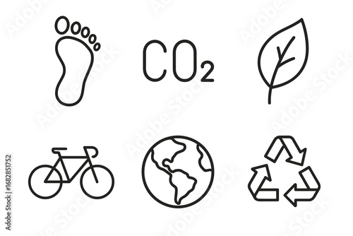 Eco-friendly symbols: footprint, co2, leaf, bicycle, earth, recycling