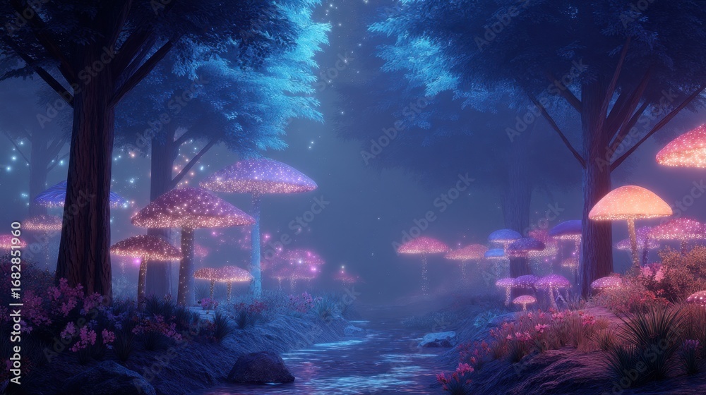Fototapeta premium fantasy mushroom forest at night with glowing fungi next to a stream, magical landscape for storybook backdrop or game environment design