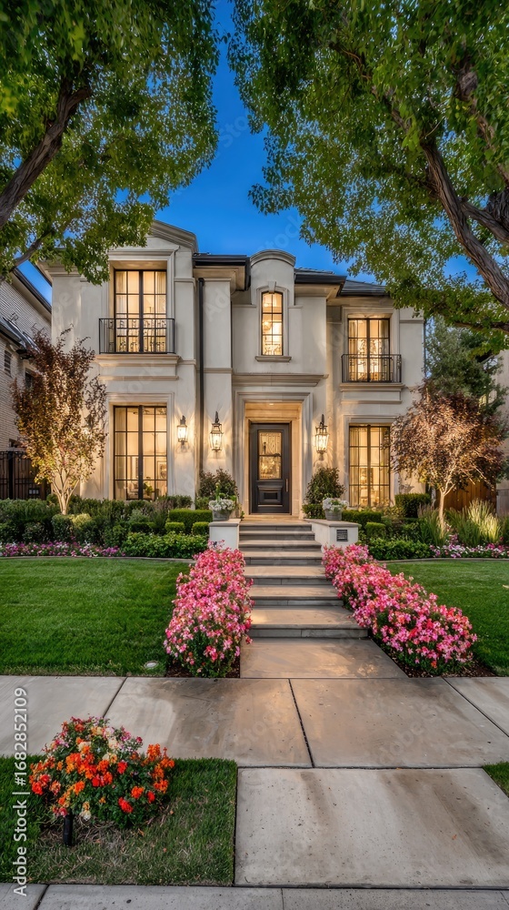 Naklejka premium Elegant, two-story home with classical architectural details, manicured landscaping, and a welcoming exterior, bathed in the soft glow of twilight.