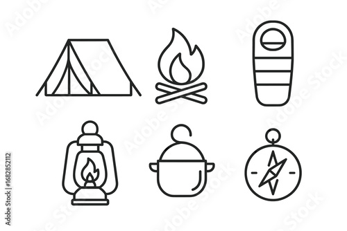 Outline icons of camping essentials: tent, fire, sleeping bag, lantern, pot, compass