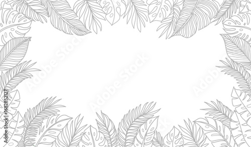 Tropical leaf line art wallpaper background vector. Design of natural Monstera leaves and banana leaves in a minimalist linear outline style. Design for print, cover, banner, decoration.	