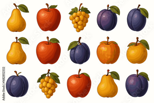 Colorful assortment of pears, apples, grapes, and plums on white background