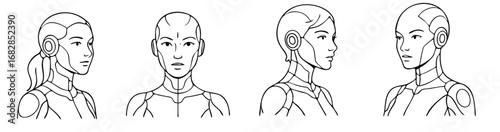 Set of four drawings of woman cyborg