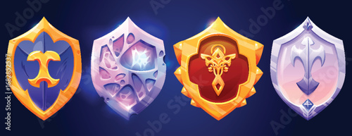 Cartoon medieval shield set with magical emblems and glowing effects - golden, silver and mystical designs for knights or warriors. Fantasy defense equipment with symbols for RPG game interface assets