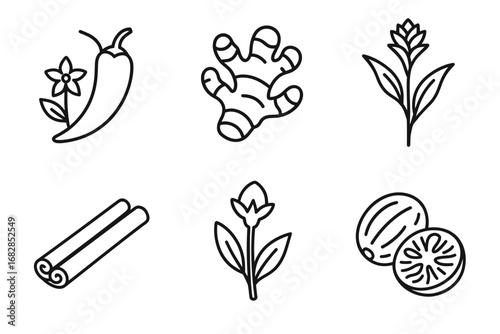 Simple black and white spice icons featuring ginger, pepper, nutmeg, clove, cinnamon, turmeric