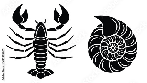 Black silhouette of scorpion and nautilus shell crustacean