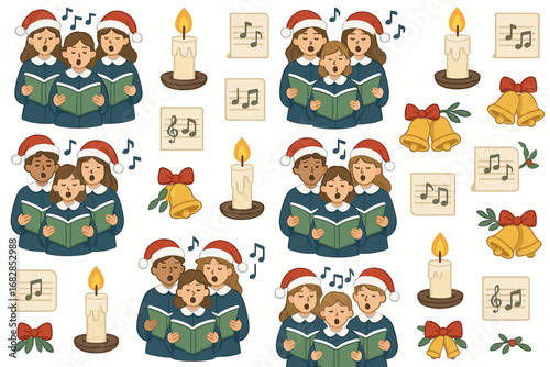 Holiday choir of diverse children singing carols with christmas icons