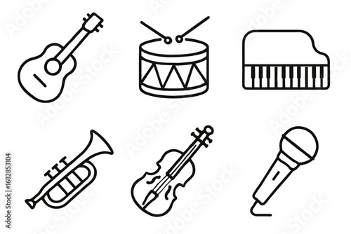 Outline icons of guitar, drum, piano, trumpet, violin, microphone
