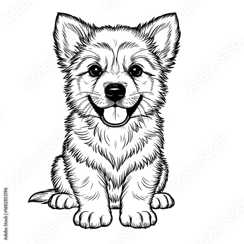 A funny shepherd or husky puppy is sitting. Vector illustration of a pet, simple silhouette drawing, isolated on a white background.