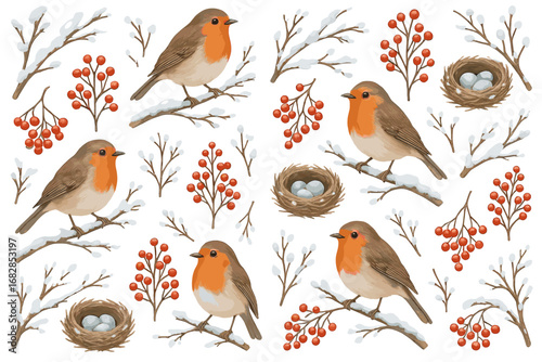 Whimsical robins on snowy branches with berries and nests