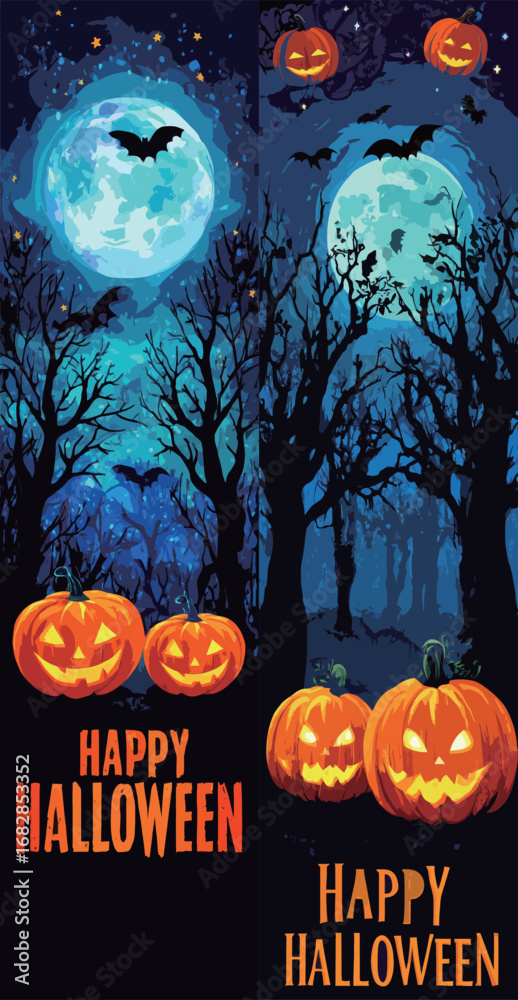 Fototapeta premium Under a bright full moon, eerie bats fly over dark trees silhouetted against the night sky. Jack-o-lanterns glow warmly, celebrating Halloween festivities.