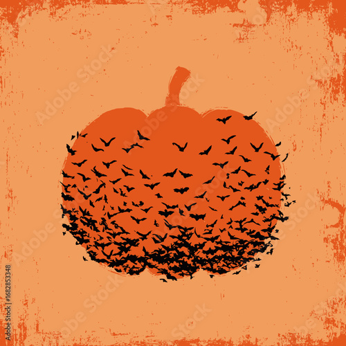 A large pumpkin silhouette dominates the center, filled with numerous flying bats. The vivid orange background enhances the Halloween theme, creating a spooky atmosphere.
