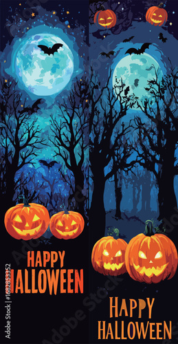 Under a bright full moon, eerie bats fly over dark trees silhouetted against the night sky. Jack-o-lanterns glow warmly, celebrating Halloween festivities.
