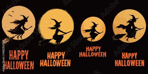 Silhouettes of witches ride on broomsticks against large glowing moons, capturing the essence of Halloween celebrations. Text conveys Halloween greetings in a festive design.