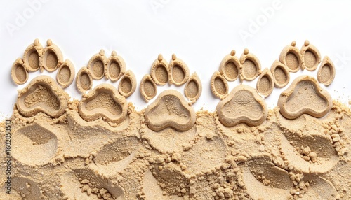 Top-down, close-up shot featuring paw-shaped treats sitting in crumbled dry food against a stark white background. The arrangement resembles prints in sand