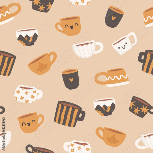 Cozy pattern with cute coffee cups. Vector seamless texture with different design handmade mugs. Autumn tea cups on beige background. Template for wrapping paper or textile