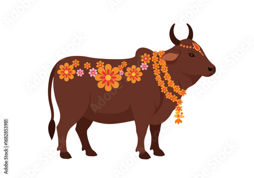 A brown cow adorned with orangepink flowers and garland standing against a white background