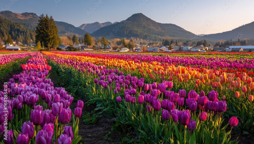 Obraz premium A vibrant field of tulips in various shades of purple, orange, and red, stretching towards a mountain range at dawn