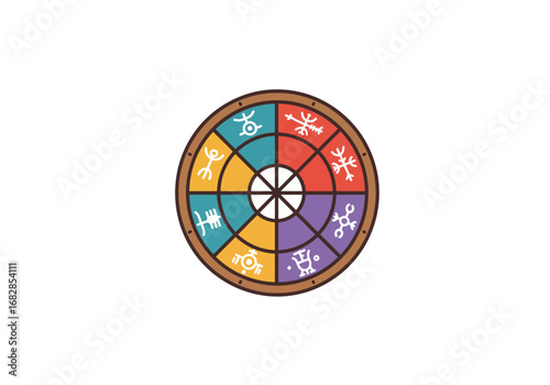 A circular segmented emblem featuring various abstract white symbols on differently colored backgrounds within a brownbordered wheel