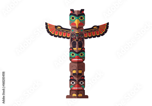 A colorful totem pole displays stylized animal figures on a white background