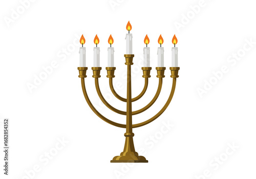 A menorah with seven lit candles in a symmetrical arrangement