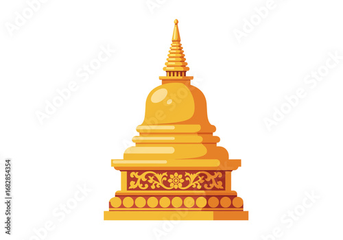 A golden Buddhist pagoda ornate and multitiered against a stark white backdrop