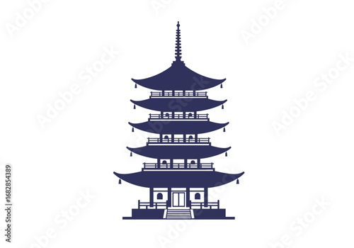 A navy fivestory pagoda stands prominently on a white background