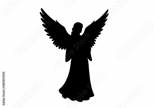A silhouette of an angel with large wings outstretched facing forward