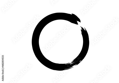 A stark black circle thick strokes and slightly incomplete form dominate the white background