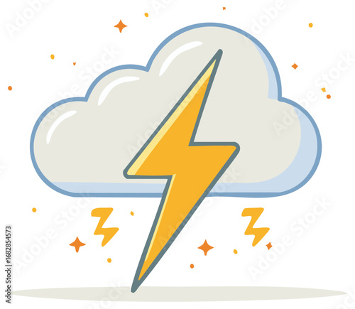 Stylized Cloud with Lightning Bolt Illustration. Cartoon weather symbol. Thunderstorm design, flash