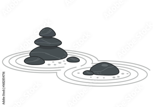 A zen garden featuring stacked rocks and raked gravel