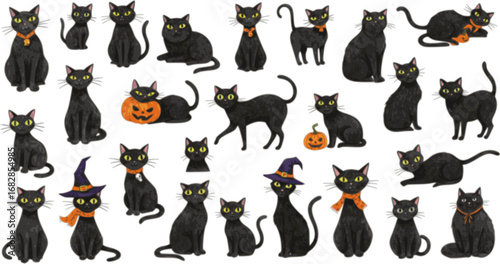 Halloween black cats Hand drawn watercolor pictures. big set with cats
