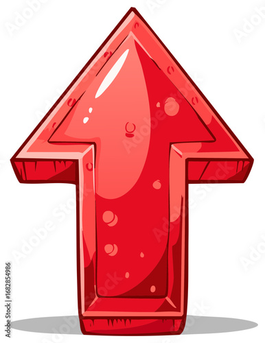 Glossy red cartoon arrow pointing upwards for direction and growth
