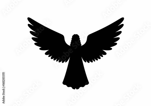 Black silhouette of an angel with large wings spread wide seen from the front