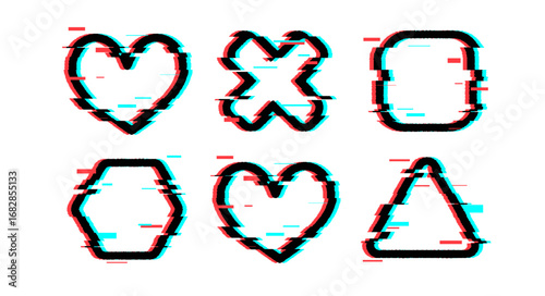Glitch frame bug shapes with red and cyan distortion for digital interfaces - heart and cross, square, hexagon and triangle corrupted geometric borders with error effects. Cyberpunk design elements