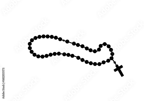 Black silhouette rosary beads with cross on a white background