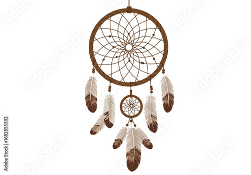 Brown dreamcatcher with circular web feathers and bead accents