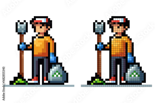 A young character in casual attire stands prepared for gardening, holding a shovel and wearing gloves, beside a bag for collecting waste. Bright colors enhance the vibrant backdrop