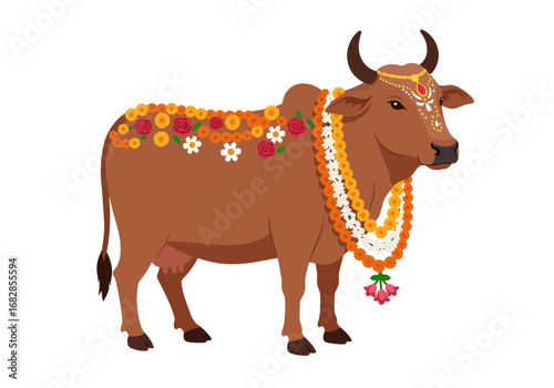 Cow decorated with flowers and jewelry standing against a white background