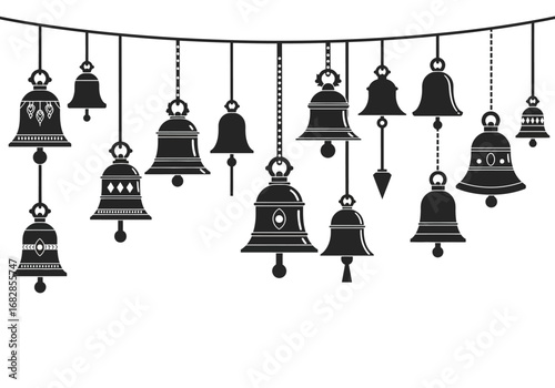 Garland of bells varying in sizes and designs suspended from a horizontal line
