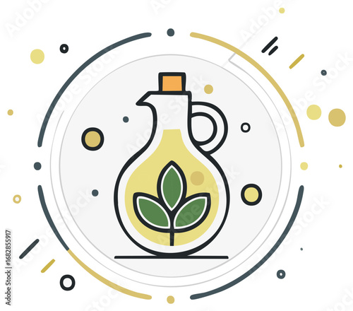 Illustration of a glass bottle with oil and green leaves inside
