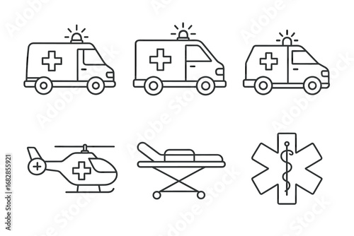 Emergency vehicles and medical symbols outline icons set