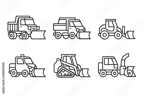 Set of six snow plow vehicles illustrations: diverse plowing equipment