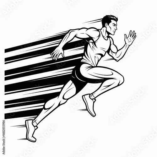 A sleek, monochromatic illustration captures a male runner in mid-stride, showcasing powerful musculature and dynamic motion with speed lines trailing behind him.