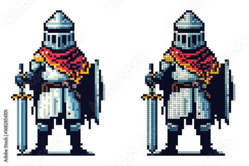 A pixel art knight stands confidently, holding a sword and shield. Clad in armor with a cloak, the warrior prepares for an adventure in a fantasy landscape