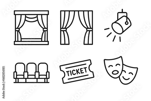 Theater elements: stage curtains, spotlight, seats, ticket, comedy tragedy masks