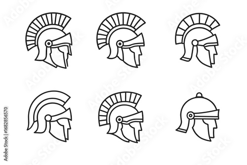 Set of ancient greek warrior helmets: iconic spartan helm designs and symbols