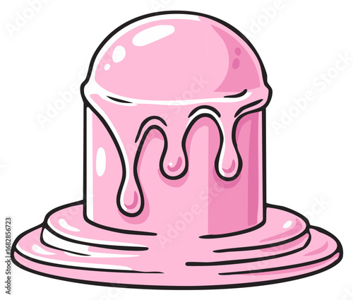 Cartoon pink dessert with melting glaze drip illustration. Sweet treat with glossy icing.