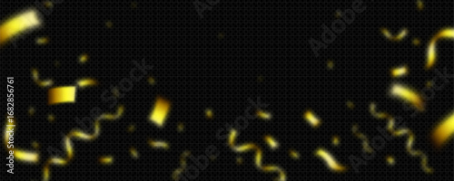 Luxury confetti with gold explosion and metallic ribbons for celebration or victory background. Shiny particles with blurred motion effects and festive streamers for party decoration or award ceremony