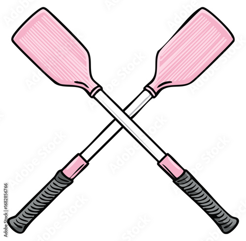A pair of crossed pink boat oars in a cartoon style illustration